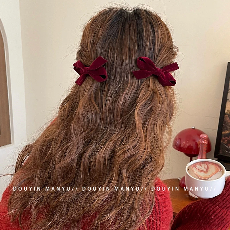 漫予乖巧精致一对复古秋冬蝴蝶结头饰发夹女侧边可爱鸭嘴夹子