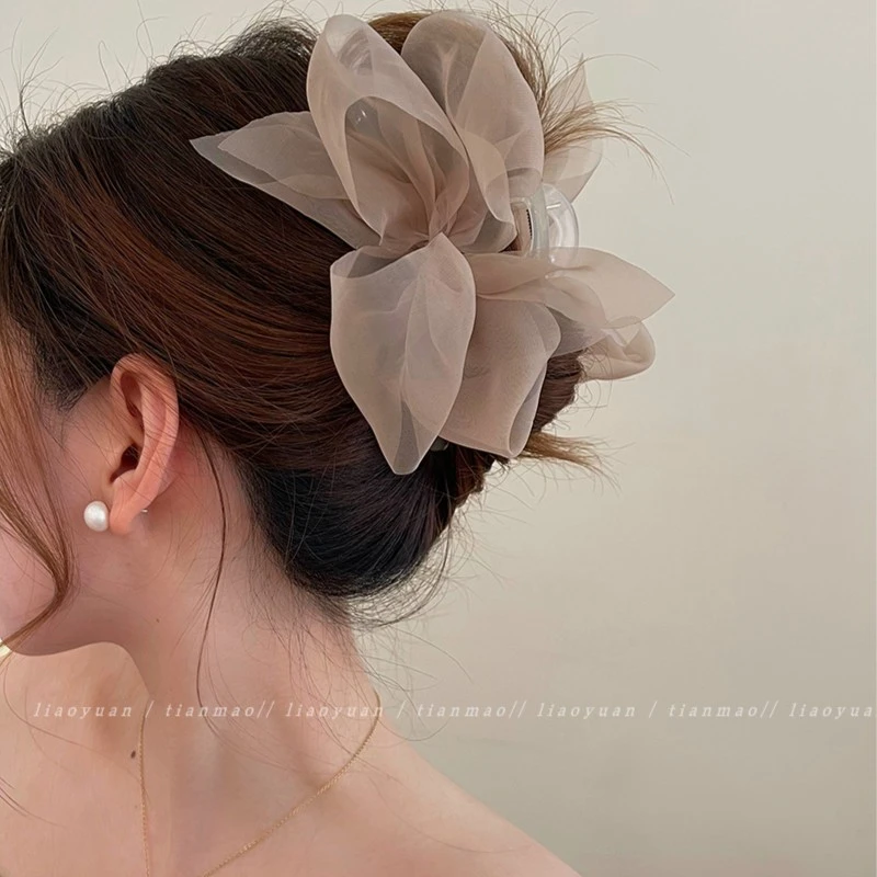 漫予仙气范网纱蝴蝶结抓夹女新款发夹头饰气质鲨鱼夹大号高级感