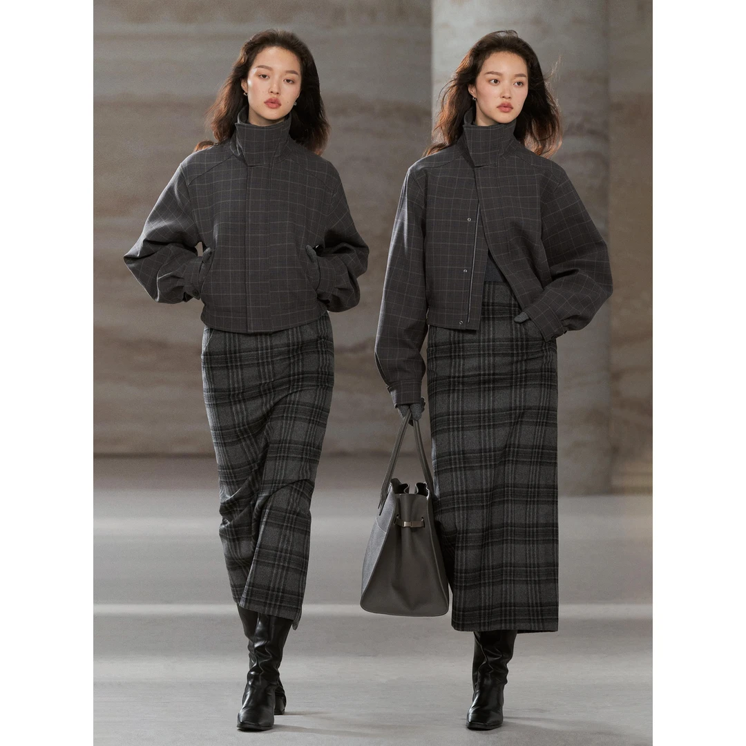 COMMON VALUE「 龛 Nische 」灰色羊毛呢格纹半身裙中长款气质半身