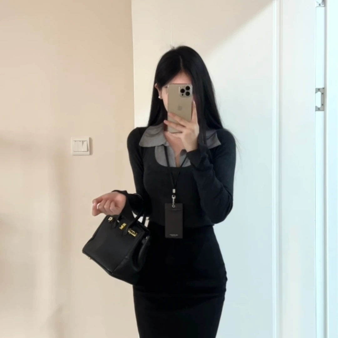 【学院日记】学院风秋季新款假两件百搭简约修身休闲衬衫领XY-010