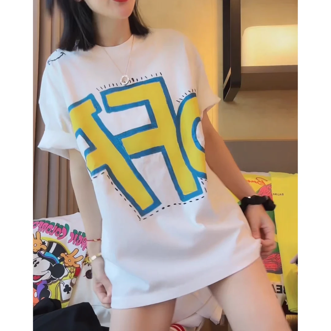 欧货短袖T恤女2023夏季新款宽松百搭OFF字母印花中长款大码上衣潮