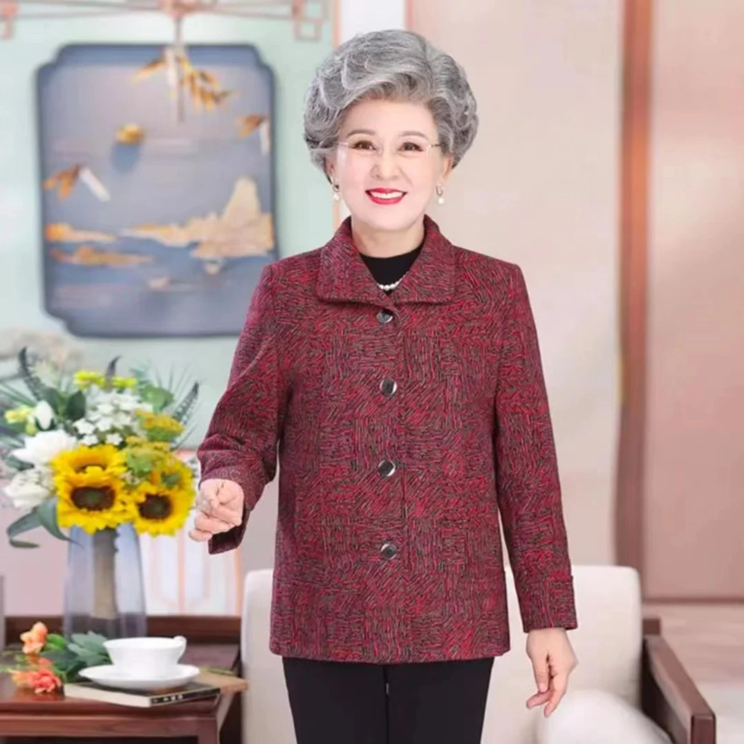 妈妈秋冬新款大衣奶奶装中老年冬季外套春秋翻领老年人衣服衬衫