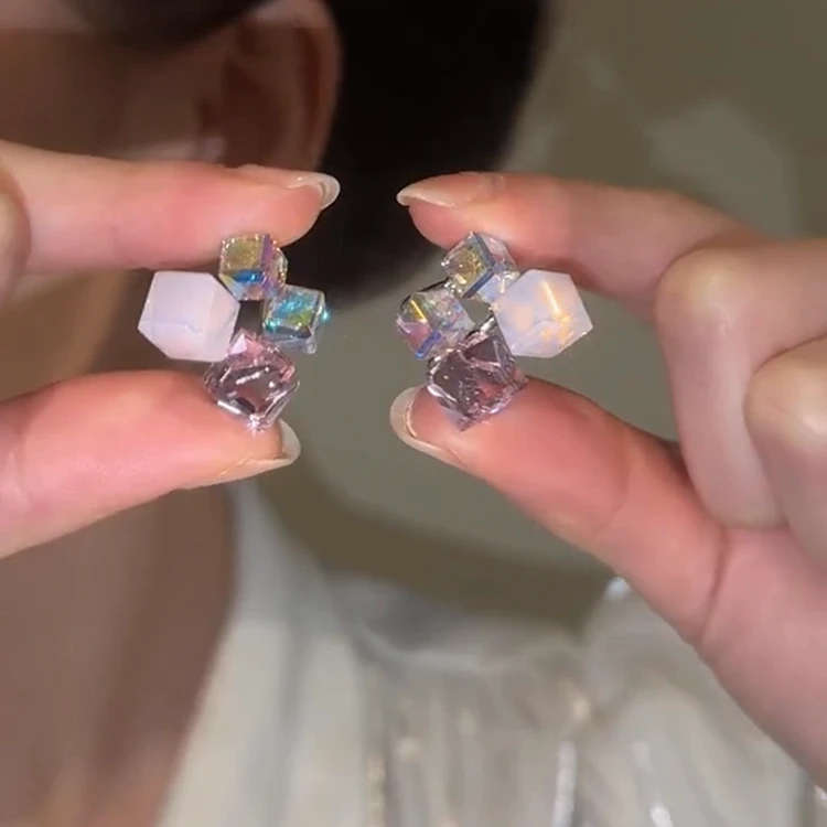 锌合金耳饰 不规则果冻色几何方块耳环女轻奢时高级感耳钉