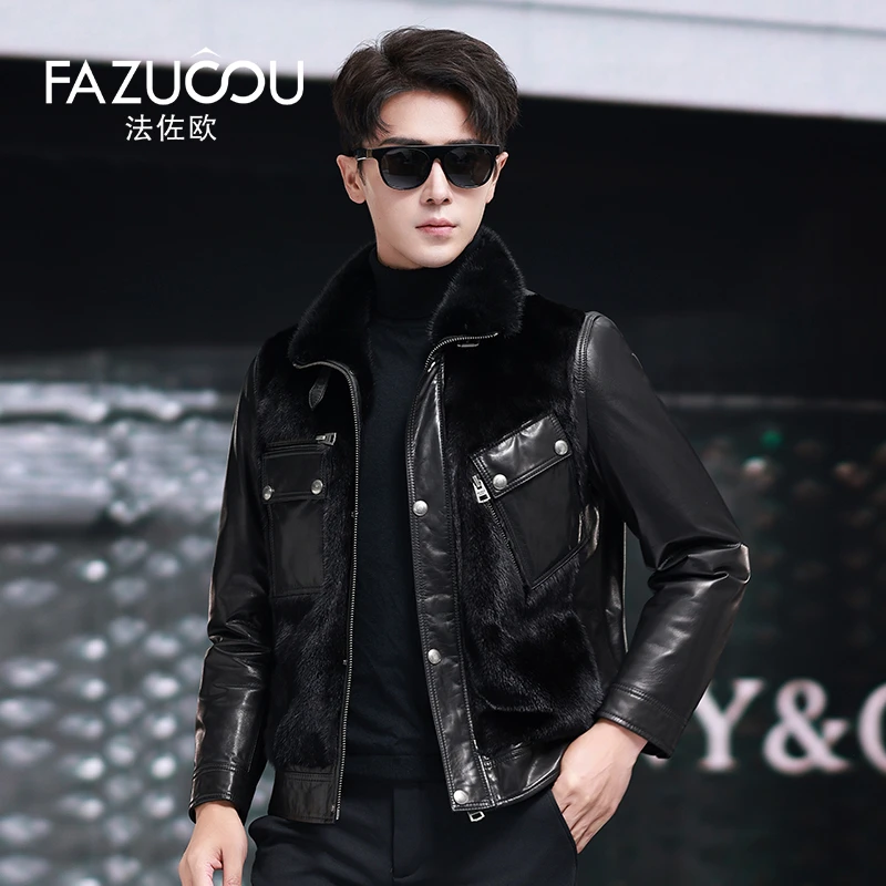 冬季皮衣男士水貂山羊皮鹅绒服皮夹克冬装真皮商务休闲翻领外套
