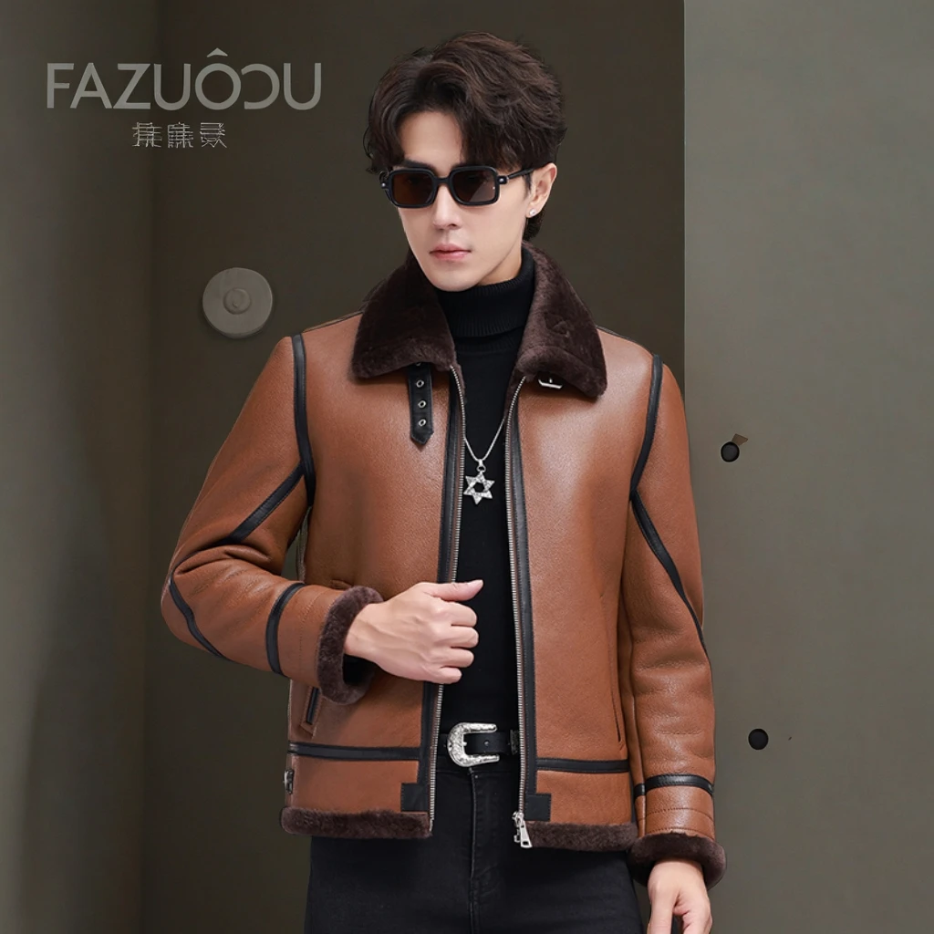 原生态皮毛一体海宁真皮皮衣男机车款加厚保暖外套