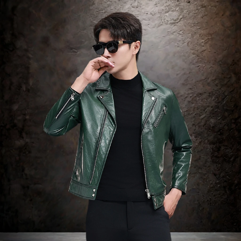 头层牛皮海宁新款男士机车皮衣修身西服领皮夹克拉链短款