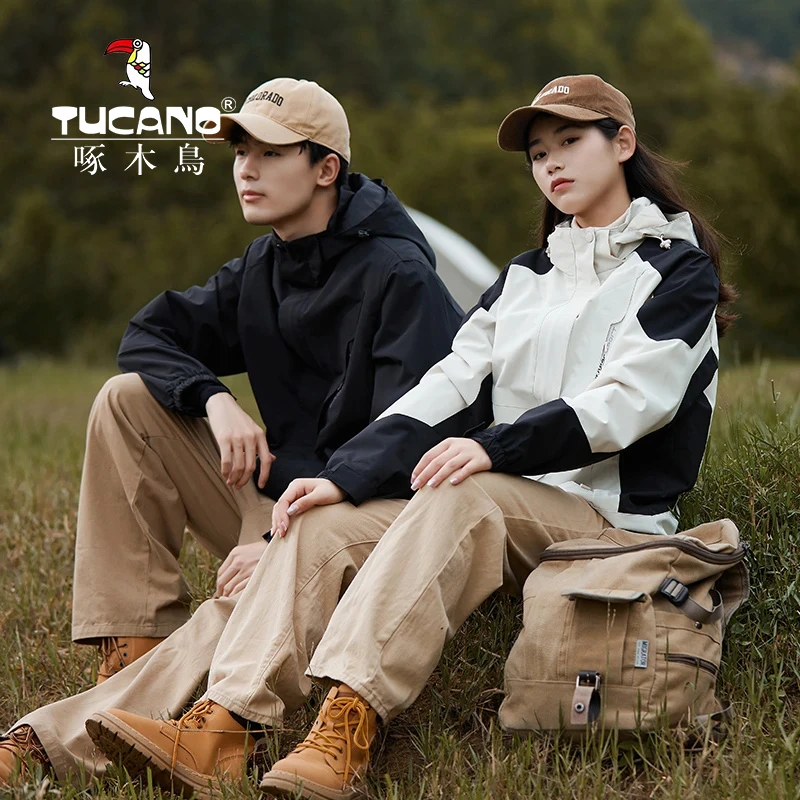 啄木鸟冬季新款防风防水情侣冲锋衣三合一拆卸加绒加厚保暖登山服