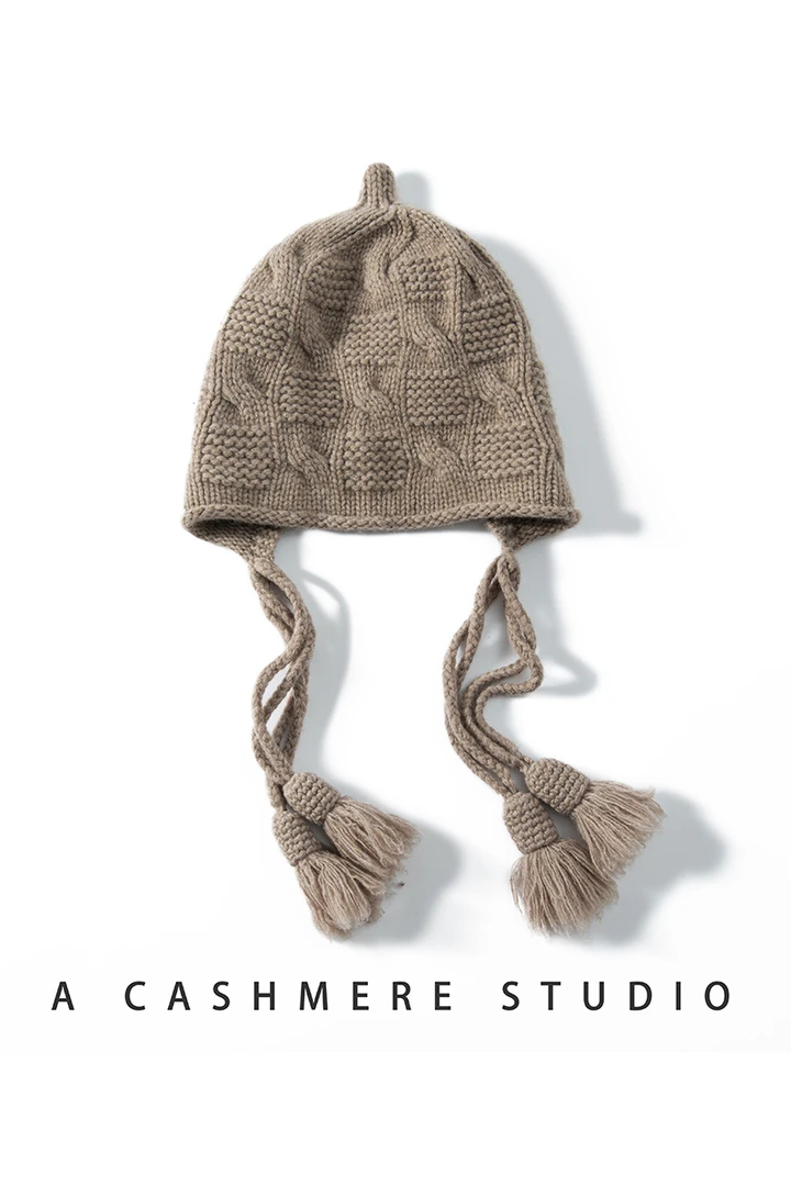 ZD-702# 100%山羊绒小辫帽女秋冬流苏帽子