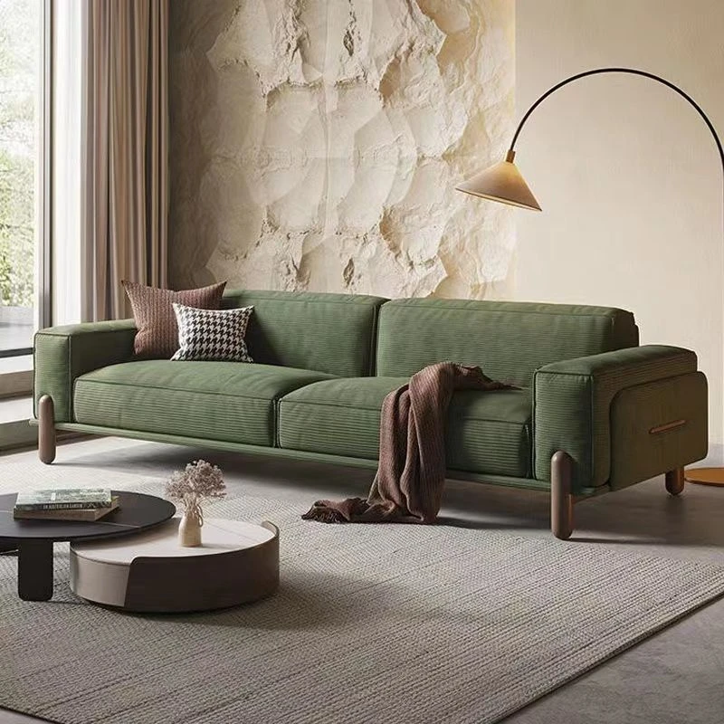 意式极简猫抓布灯芯绒布艺沙发侘寂风客厅直排实木高脚豆腐块沙发