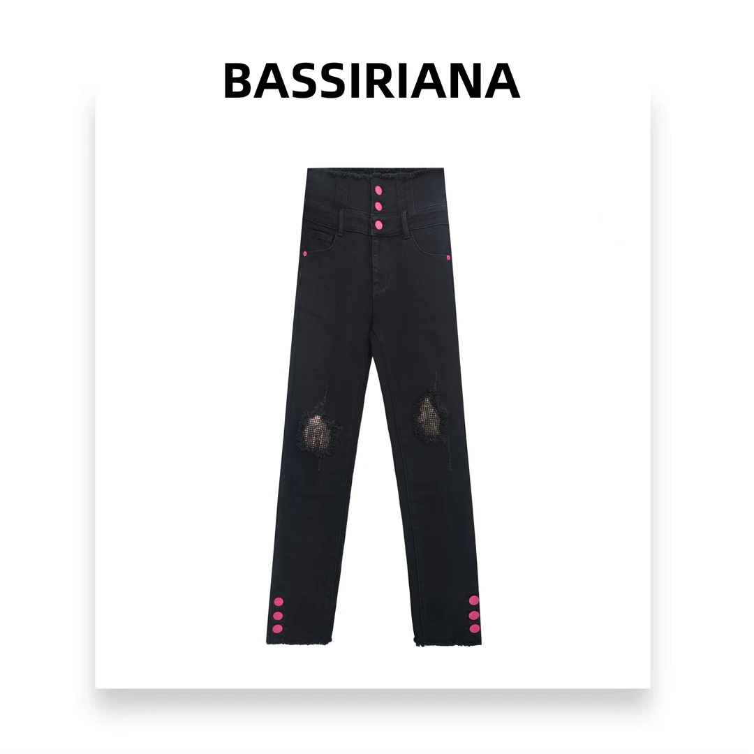【BASSINIANA】时尚休闲女士设计师款潮牌个性磨旧破洞牛仔裤211429