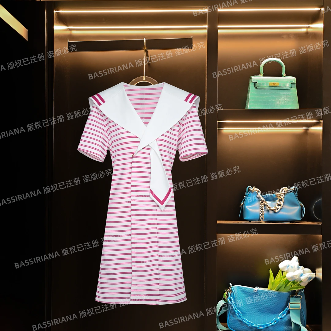 【BASSIRIANA】早秋茶歇法式粉条纹连衣裙风时尚设计裙512329