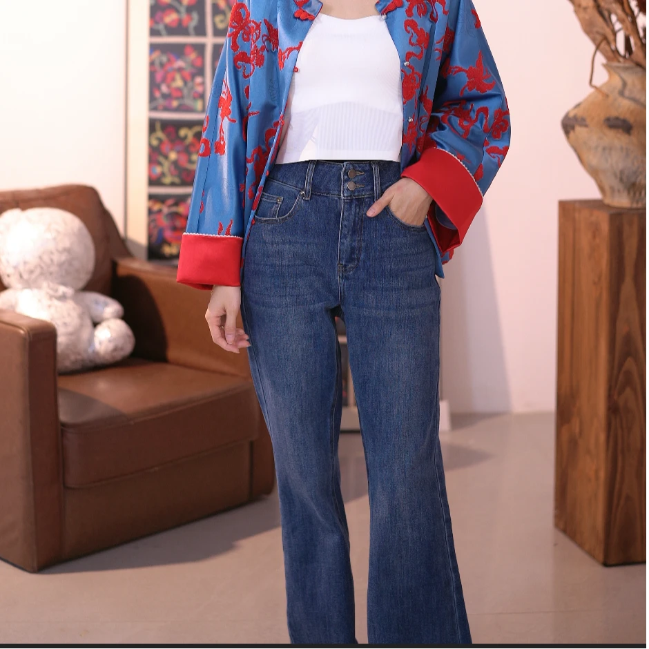 春秋纯色时尚休闲复古百搭高腰直筒秋季女士牛仔裤