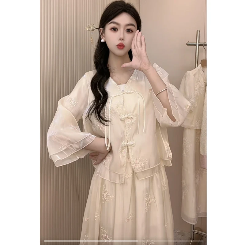 【24048】薄款流云纱新中式刺绣提花流苏盘扣短袖上衣+半身裙套装