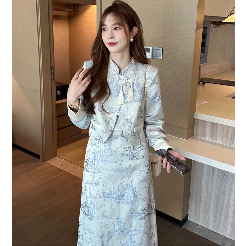 【24030】新中式高级感立领流苏盘扣短外套+半身裙套装