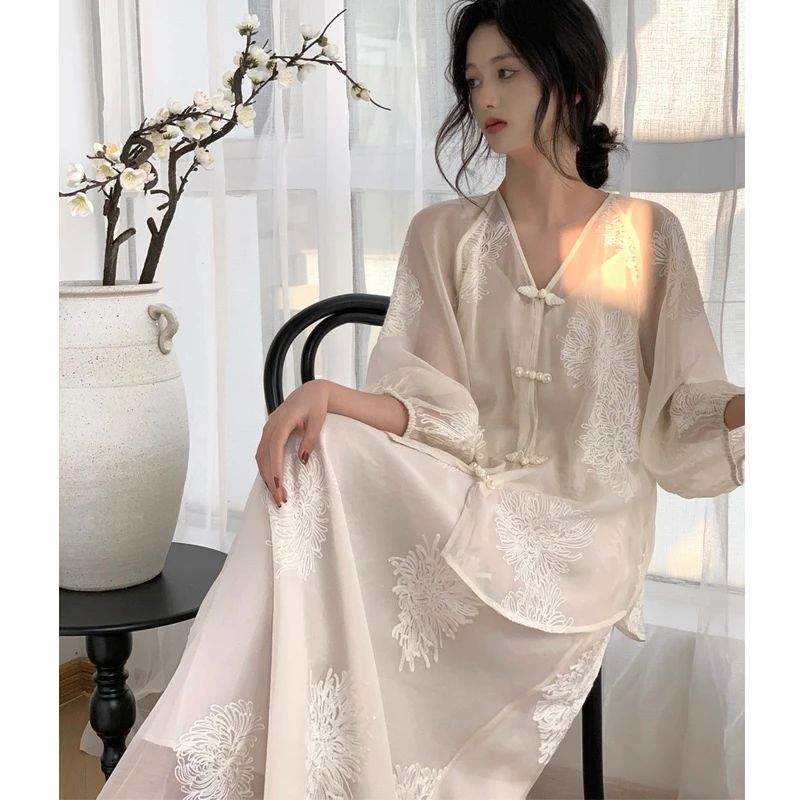 【24034】慵懒风刺绣提花宽松款外套+半身裙套装