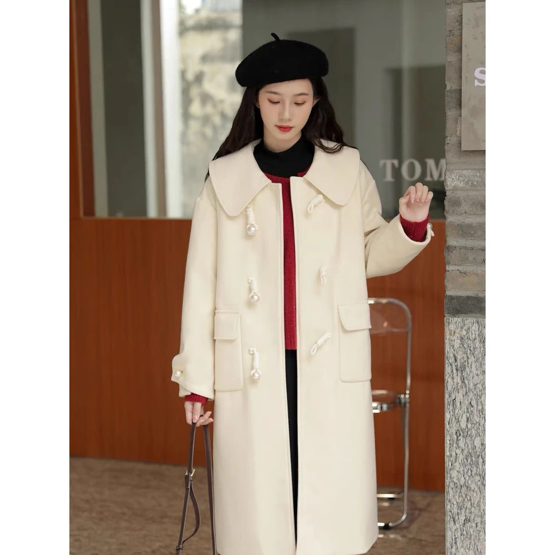 【88038】大珍珠纽扣娃娃领中长款毛呢外套女