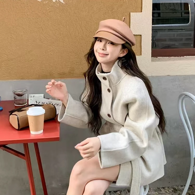 【24122短款】立领单排扣腰带显瘦短款毛呢外套女