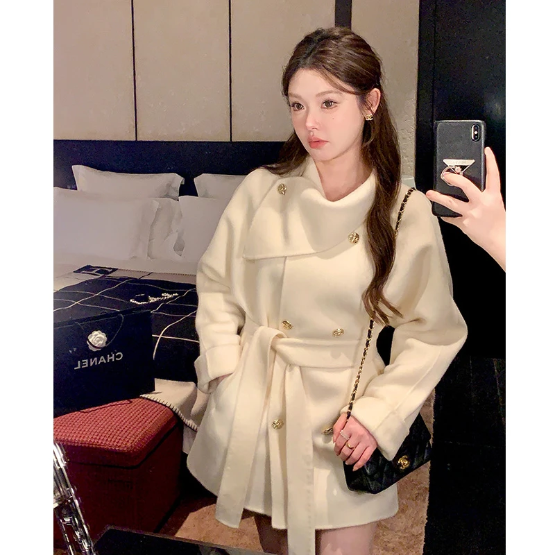 【24176】围脖领收腰显瘦中长款毛呢外套女