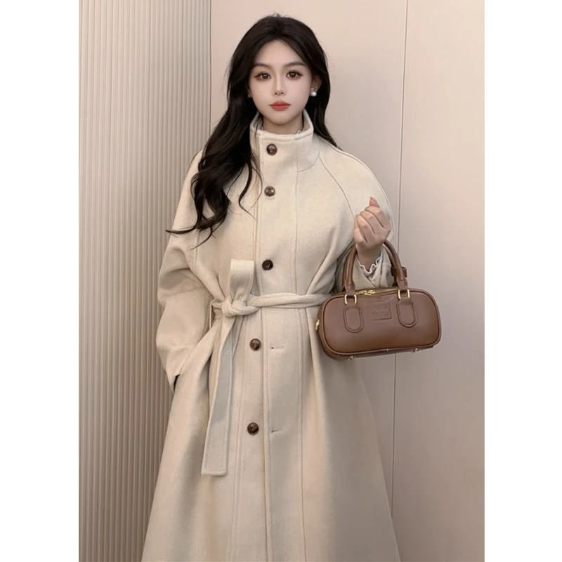 【24122】立领单排扣腰带显瘦中长款款毛呢外套女