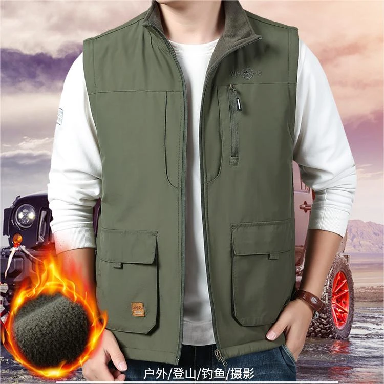 工装双面户外冬季马甲加绒加厚多口袋男士外套休闲立领摇粒绒背心