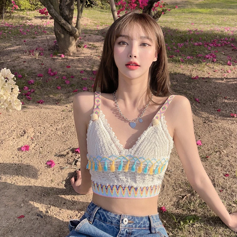 民族风Ｖ领露背短款针织小背心流苏蕾丝露脐度性感上衣外穿打底