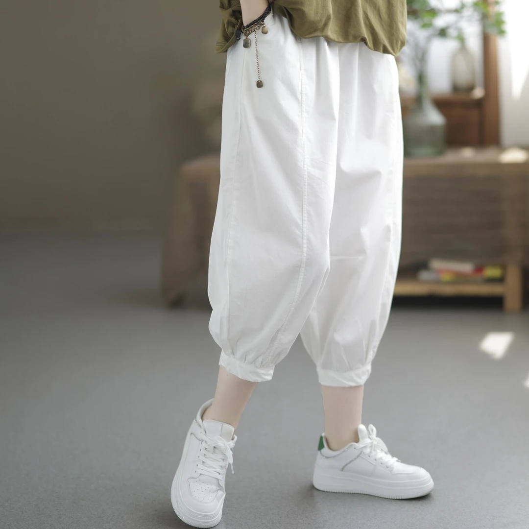 休闲女夏装八分女士白色裤子女款显瘦棉小个子洋气哈伦裤子