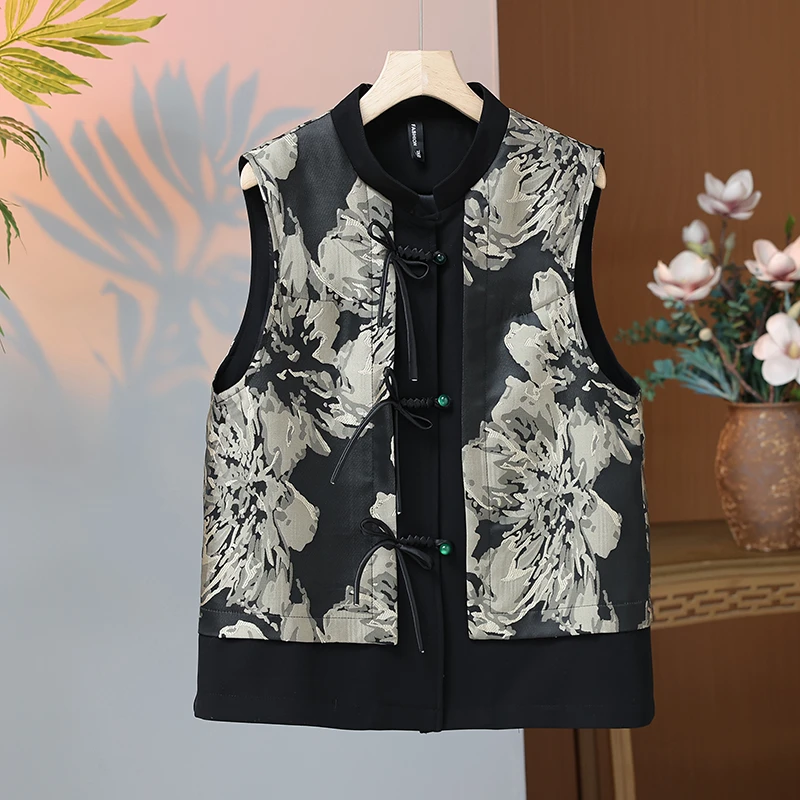 唐装棉马甲女秋冬新款中国风复古盘扣背心外套高档洋气刺绣棉坎肩