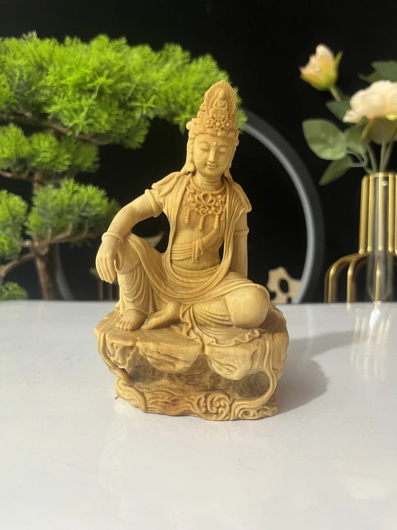 小叶黄杨木自在观音水月观音实木木雕工艺品