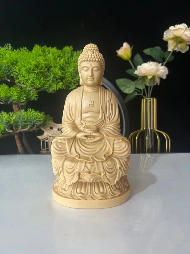 桧木阿弥陀佛佛像木雕工艺品高18厘米