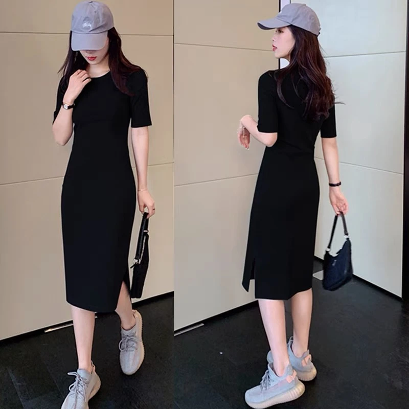 夏季赫本风收腰小黑裙法式修身包臀时尚气质裙子黑色开叉连衣裙