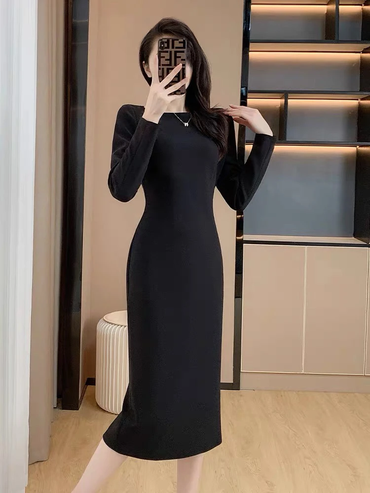 春季新款显瘦时尚气质加厚修身包臀中长款打底秋冬开叉黑色毛衣裙
