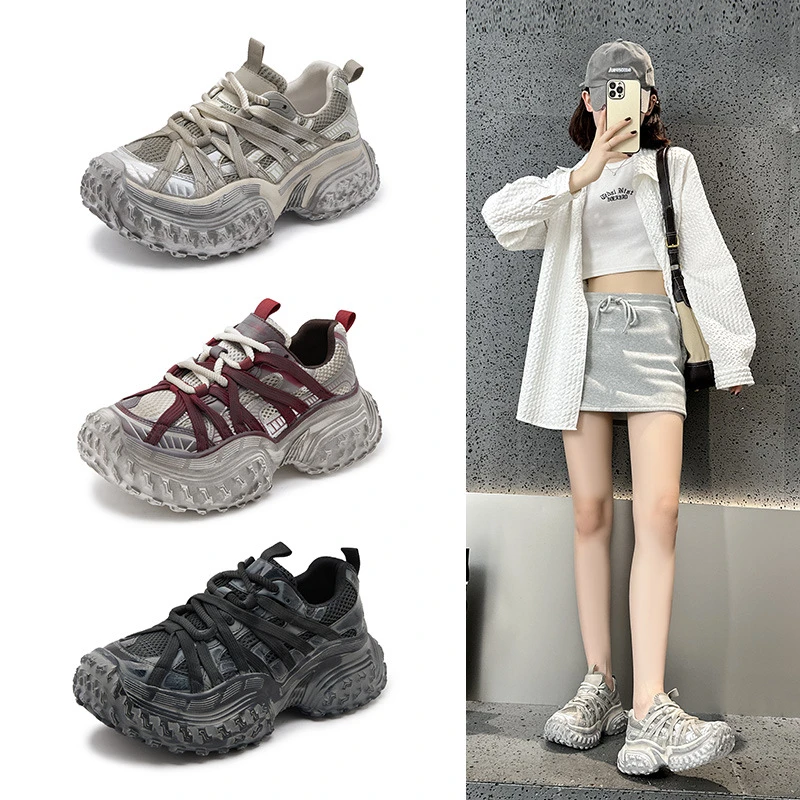 巴黎复古擦色做旧安可拉红老爹鞋女2024秋厚底增高系带运动脏脏鞋