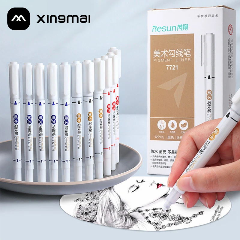 芮翔双头勾线笔 彩色马克笔学生画画笔美术描边笔 油性记号笔批发