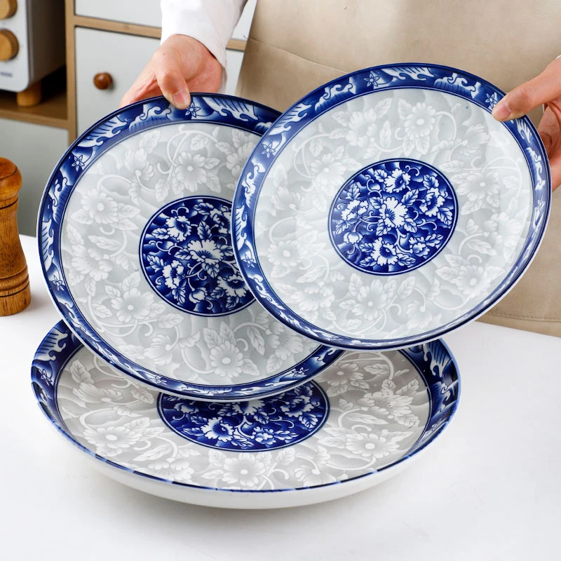 大号青花瓷盘子家用复古风陶瓷套装饭盘菜盘釉下彩盘碟子餐饮具