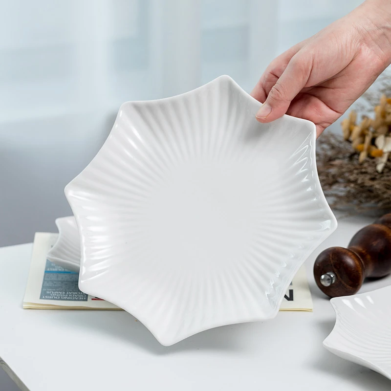 八角海星盘纯白耐高温家用商用酒店西餐盘点心盘菜盘创意釉下彩