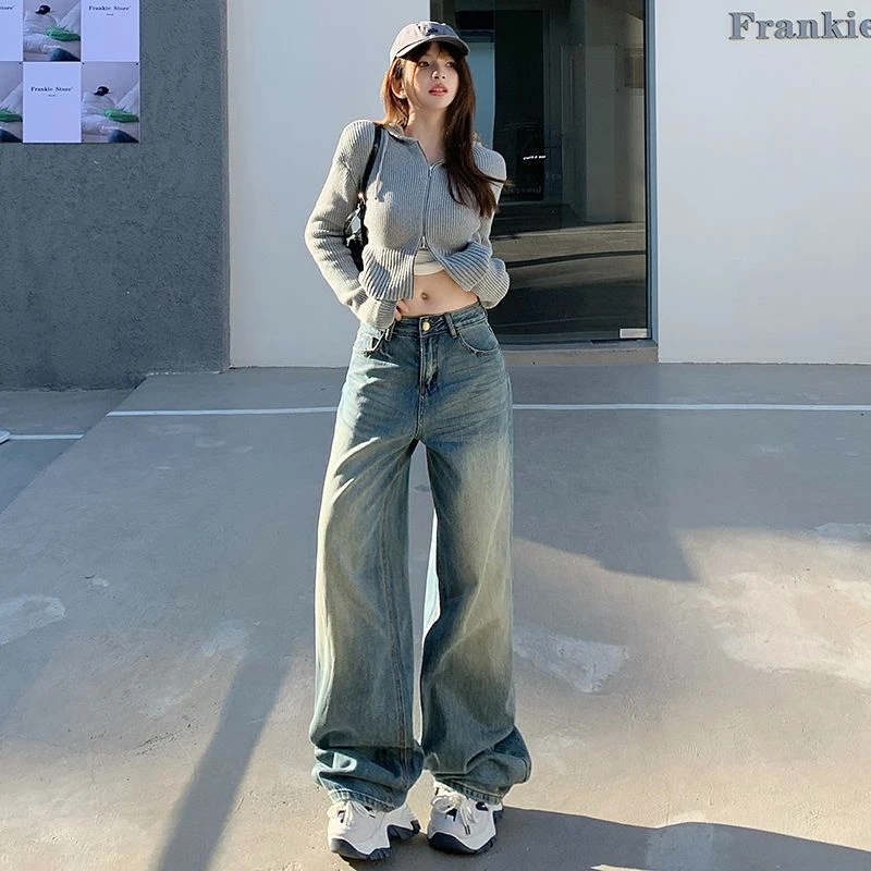 hiphop穿搭高腰阔腿裤牛仔裤设计感秋冬季宽松百搭直筒裤女