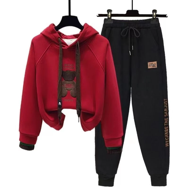 过年红/红色高级感卫衣裤子套装休闲外穿加绒加厚连帽卫衣套装