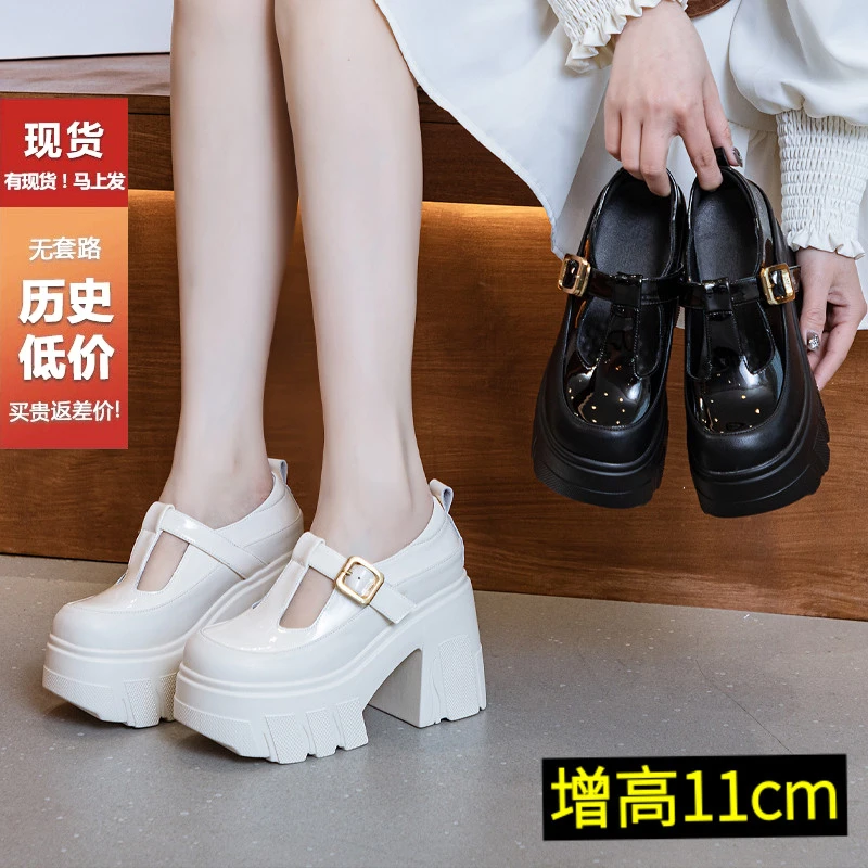 11cm厚底小皮鞋女2025春夏新款矮子乐粗高跟法式玛丽珍鞋圆头单鞋