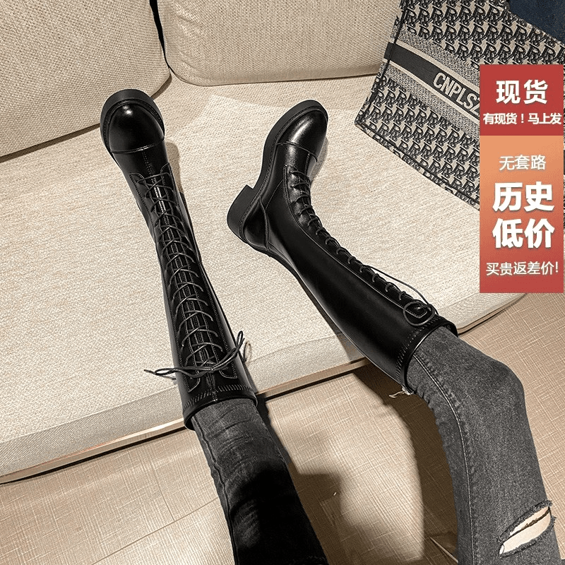 不过膝小个子长靴女内增高长筒高筒2023新款系带骑士靴子女大学生