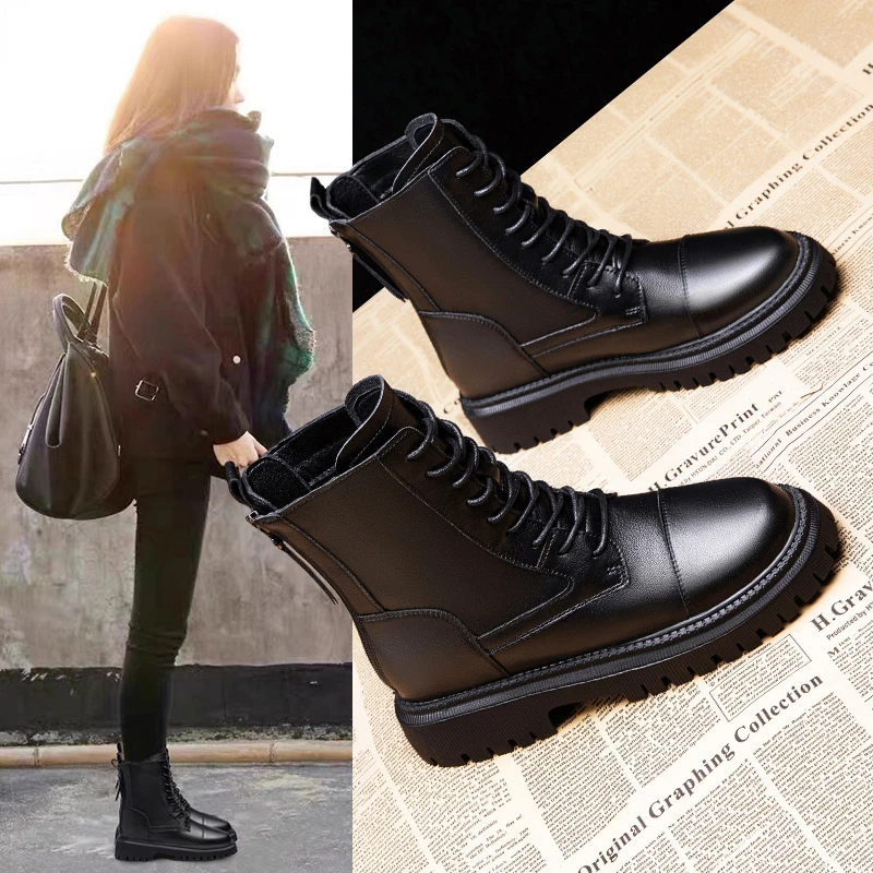 厚底马丁靴女2025新款秋冬真皮内增高女靴子网红炸街加绒小短靴