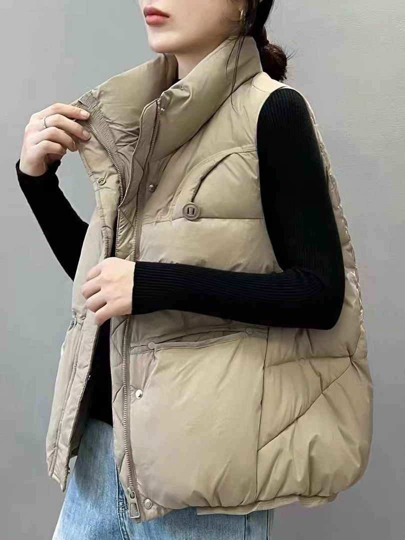 新款2024春秋冬季暗扣拉链马甲立领轻薄款鸭绒马夹羽绒服外套