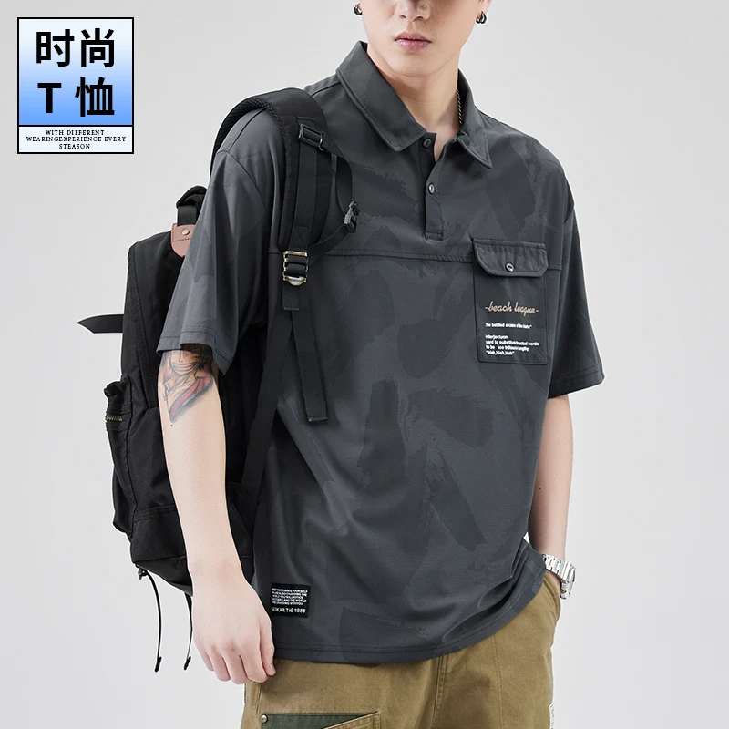 冰丝短袖polo衫男夏季薄款潮牌宽松休闲上衣男士高街工装翻领t恤