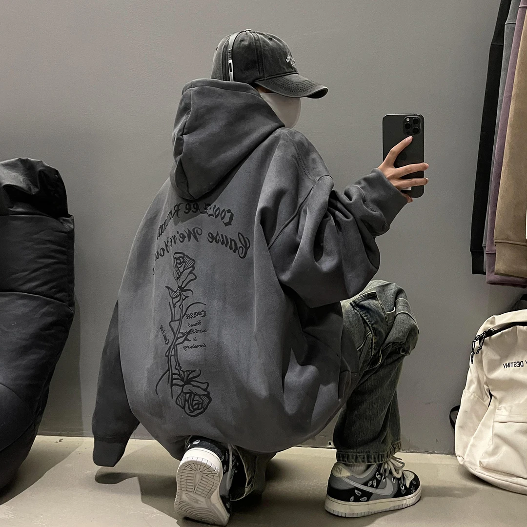 美式复古重磅仿麂皮绒卫衣男春秋季硬挺连帽衫美式复古情侣装外套