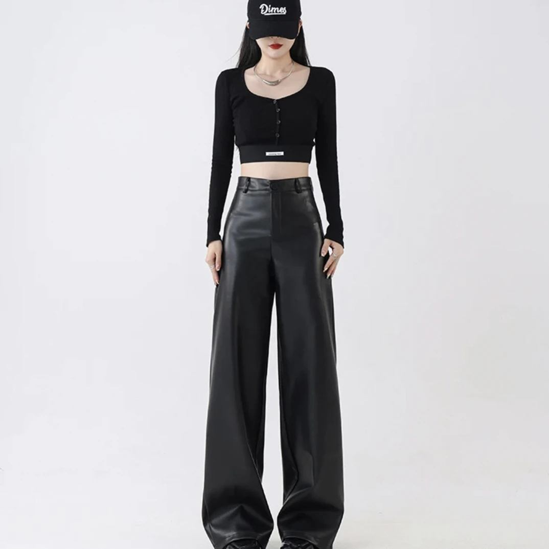 新疆包邮美拉德皮裤女秋冬宽松阔腿高腰直筒垂感辣妹PU皮黑色