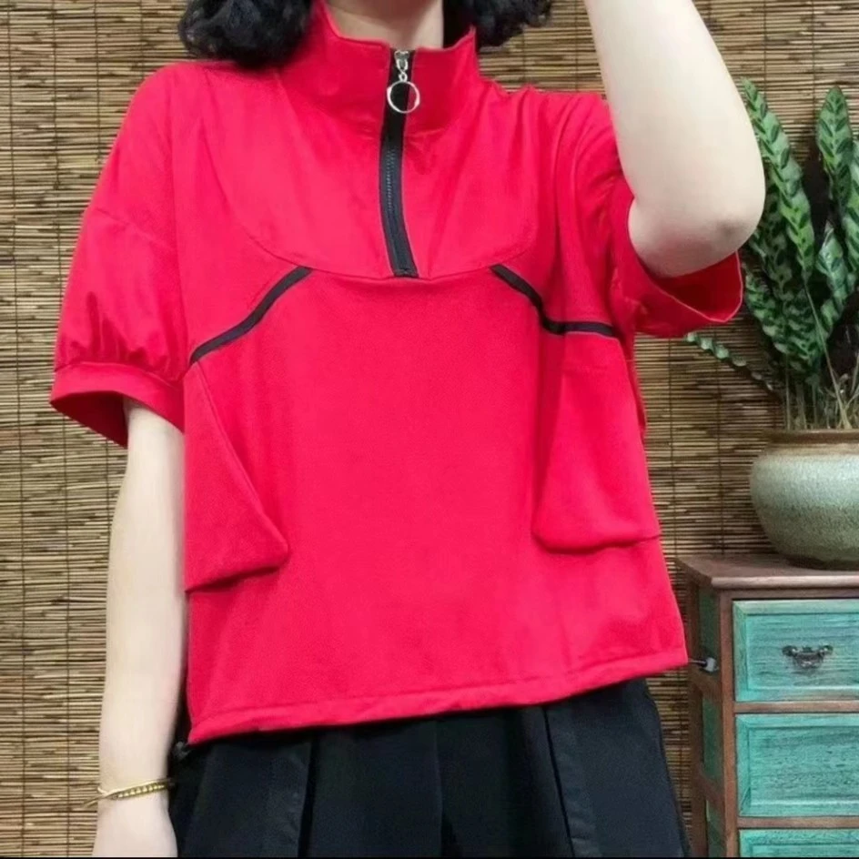 【大婷子严选】118#夏季时尚百搭宽松休闲大口袋抽绳短袖上衣速干