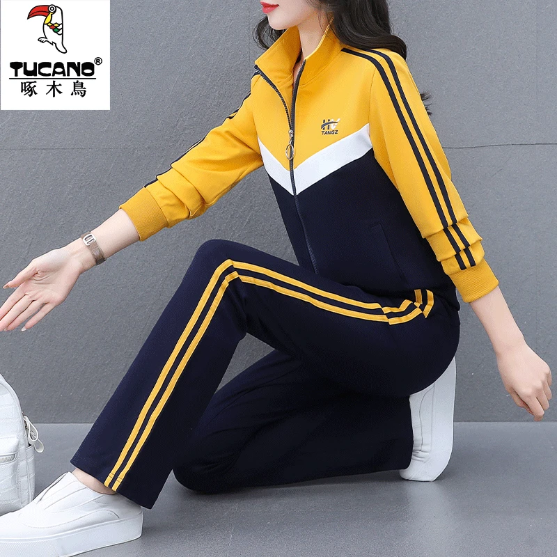 【官方正品】啄木鸟运动服套装女2024秋季立领跑步服妈妈装三件套