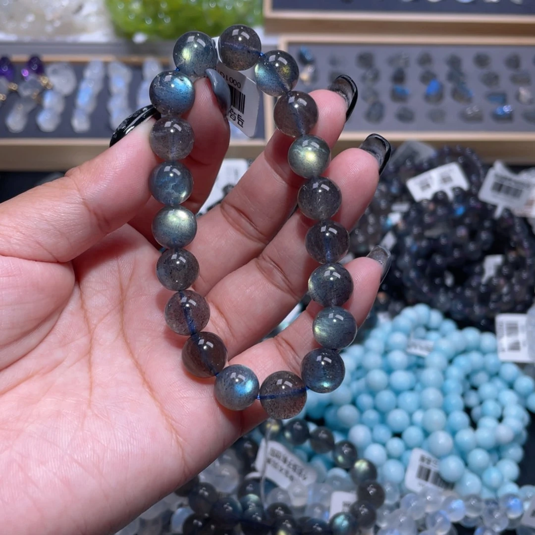 拉长石手链未镶嵌1*.黑体灰月光手链10.5mm+