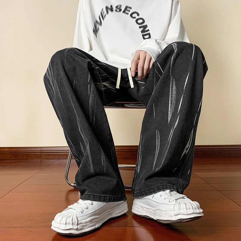 宽松直筒松紧腰橡筋百搭高街水洗复古中腰长拖地裤