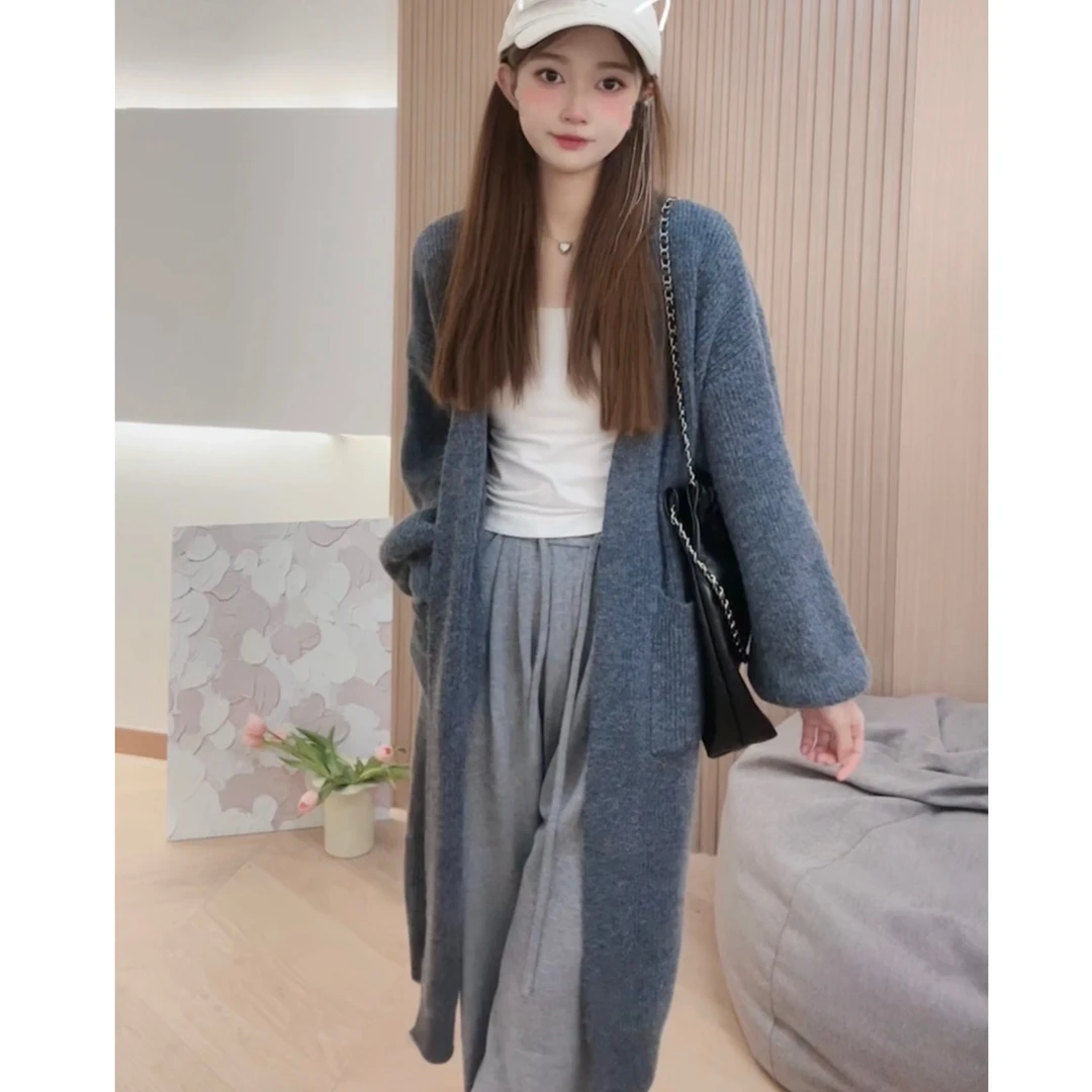 【想想专属】新款针织衫女中长款开衫百搭口袋女装加厚韩版毛衣外套