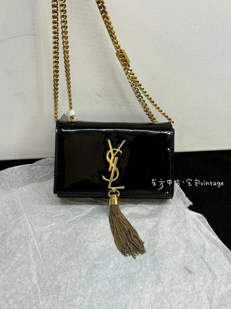 95新 YSL/圣罗兰 （K）ysl 黑金漆皮流苏kate斜挎包